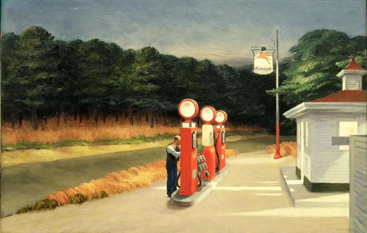 Der sker ikke noget i Edward Hoppers ’Gas’ fra 1940, men man fornemmer, at det kan der komme til. Og det vil ikke være noget godt. 