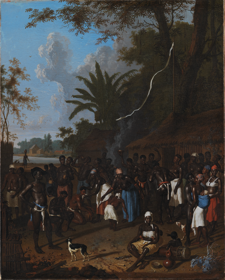 Rituel slavefest på en sukkerplantage i Surinam hedder Dirk Valkenburgs maleri fra 1706-1708. 