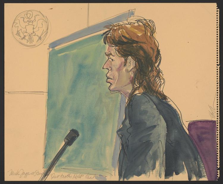Mick Jagger giver en vidneforklaring i 1988.  