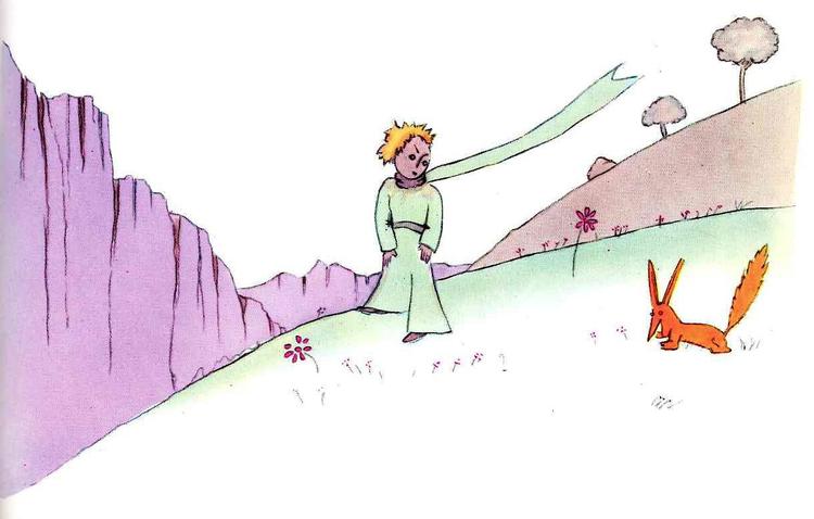 Den lille prins gør ræven tam og får en hemmelighed i afskedsgave. Tegning fra bogen Antoine de Saint-Exupéry