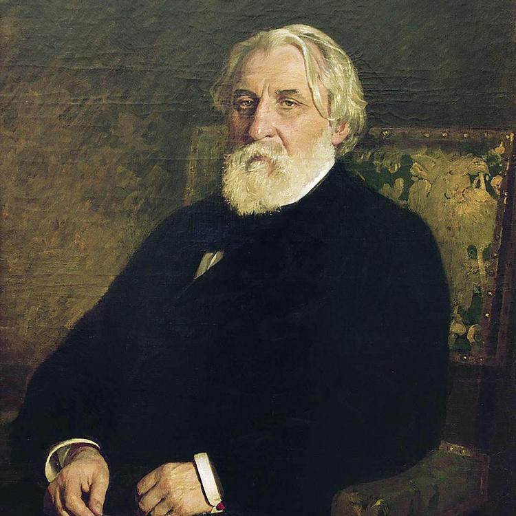 Ivan Turgenev skrev ’Forårsbølger’ i 1872. Året efter udkom bogen på dansk i Vilhelm Møllers oversættelse. Ivan Turgenev malt af Ilja Repin, udsnit. 