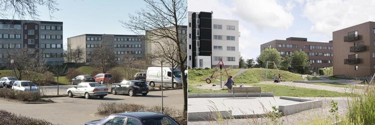Før og efter. Rosenhøjs grønne arealer er blevet udvidet, hvor der også er etableret spiselige beplantninger. På billedet ses et af de nye grønne arealer i samspil med de nu sorte og kobberfarvede bygninger. 