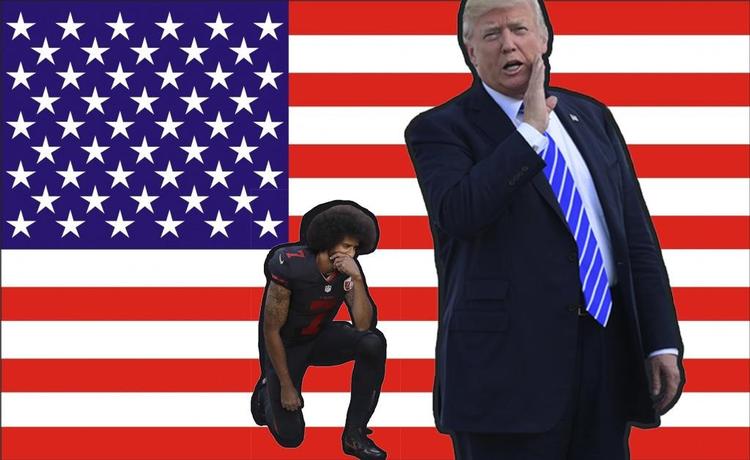Footballspilleren Colin Kaepernick nægtede sidste år at rejse sig under den amerikanske nationalsang. Donald Trump tweetede trusler om fyringer i sidste uge, hvis NFL-spillere fortsat udviser mangel på respekt. Debatten om sammenhængskraften i USA er i fuld gang. Kollage Karina Kofoed. Originalfotos: Marcio Jose Sanchez og Susan