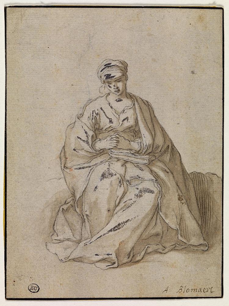 I værket ’Siddende kvinde’ af hollandske Abraham Bloemaert (1564-1651) er alle de blyhvide højlys blevet sorte. 
