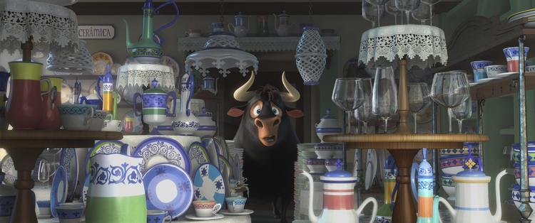 Fredselskende Ferdinand vil ikke kæmpe i arenaen og må gemme sig i en porcelænsbutik. 