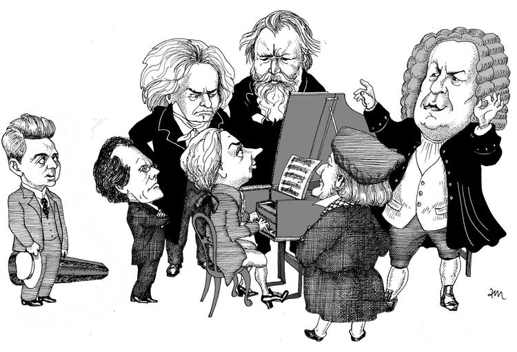 Fra venstre Carl Nielsen, derpå Gustav Mahler, bag cembaloet Ludwig van Beethoven og Johannes Brahms, ved instrumentet Wolfgang Amadeus Mozart, forrest med ryggen til Richard Wagner, og yderst til højre Johann Sebastian Bach. 