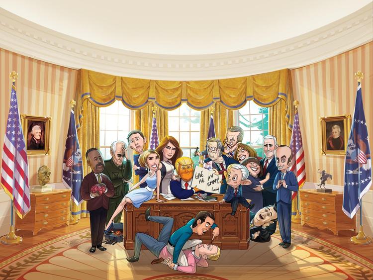 Donald Trump er ikke alene i ’Our Cartoon President', hvor Melania, Ivanka, Donald Jr. og Eric Trump fjoller rundt mellem velkendte figurer fra cirkusset i Det Hvide Hus. Foto 