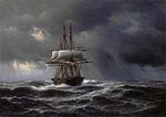Anton Melbye adskilte sig fra de traditionelle danske guldaldermalere ved at præsentere sine motiver mere ærligt og mindre romantiseret, som i billedet ’Der Orkan’ fra 1866. Denne stil bragte ham dog på kollisionskurs med den etablerede kunstscene i hjemlandet.  Foto: Den Hirchsprunske Samling Foto: Den Hirchsprunske Samling