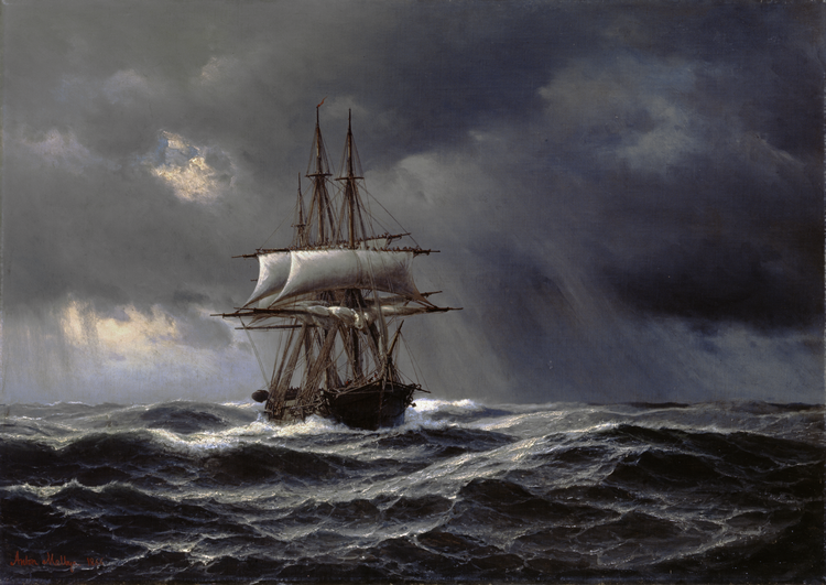 Anton Melbye adskilte sig fra de traditionelle danske guldaldermalere ved at præsentere sine motiver mere ærligt og mindre romantiseret, som i billedet ’Der Orkan’ fra 1866. Denne stil bragte ham dog på kollisionskurs med den etablerede kunstscene i hjemlandet.  Foto: Den Hirchsprunske Samling Foto: Den Hirchsprunske Samling