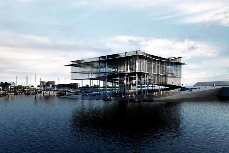 Bygningen hviler på piller, der går igennem hele konstruktionen. En rampe byder fra tidevandets skiftende overflade gæsterne op i en spiral, der leder hele vejen til toppen. Illustration Dorte Mandrup