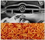  I ’I Love You with My Ford’ fra 1961 blander Rosenquist et dollargrin, et elskende par og en omgang spaghetti i tomatsovs.  Tilhører Moderna Museet, Stockholm. Tilhører Moderna Museet, Stockholm.