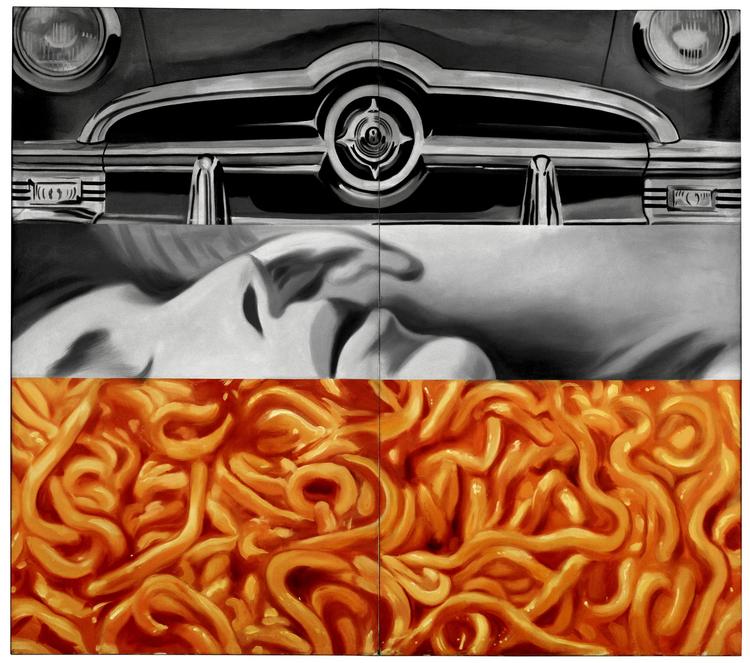  I ’I Love You with My Ford’ fra 1961 blander Rosenquist et dollargrin, et elskende par og en omgang spaghetti i tomatsovs.  Tilhører Moderna Museet, Stockholm. Tilhører Moderna Museet, Stockholm.