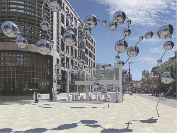 Yayoi Kusama lader sine spejlblanke kugler slynge sig legende og elegant på denne computertegning af, hvordan skulpturen 'Infinite Accumulation' vil tage sig ud foran Liverpool Street Station i Londons hjerte. Illustration: Courtesy Ota Fine Arts, Tokyo/Singapore/Shanghai and Victoria Miro, London/Venice