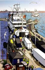 En tegning af en af skibsreder Per Henriksens karakteristiske Mercandia-færger i Helsingør. Tegning Anne-Marie Steen Petersen