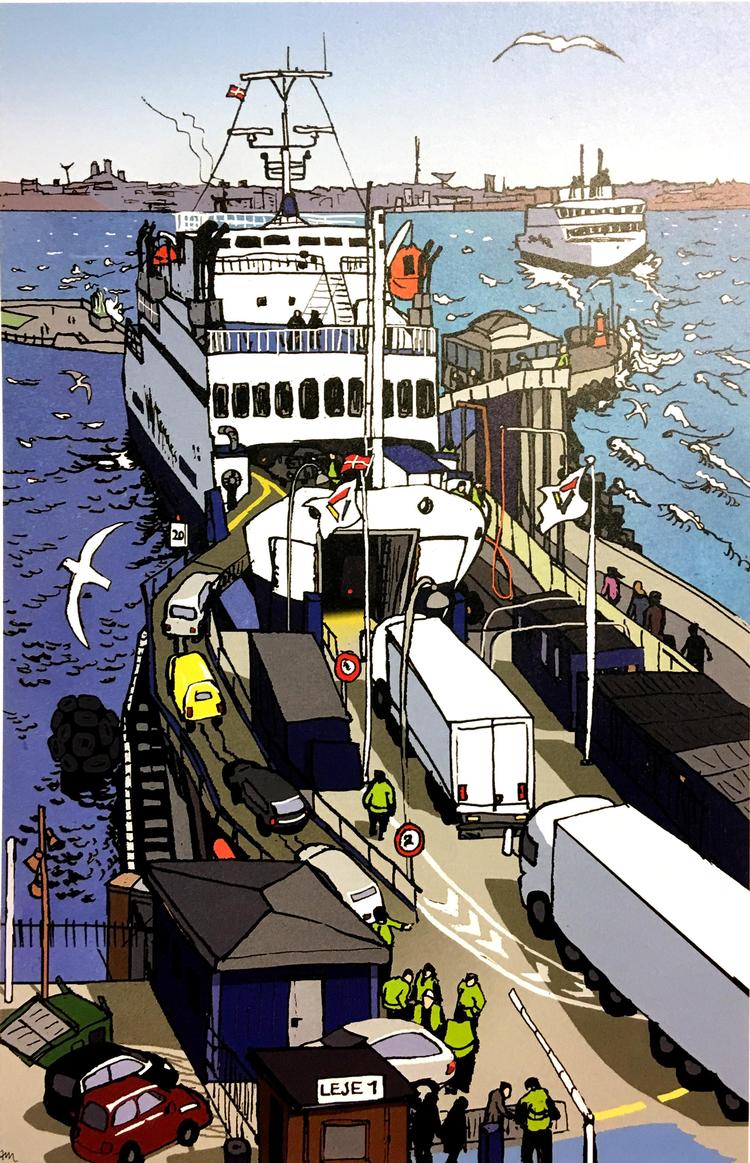 En tegning af en af skibsreder Per Henriksens karakteristiske Mercandia-færger i Helsingør. Tegning Anne-Marie Steen Petersen