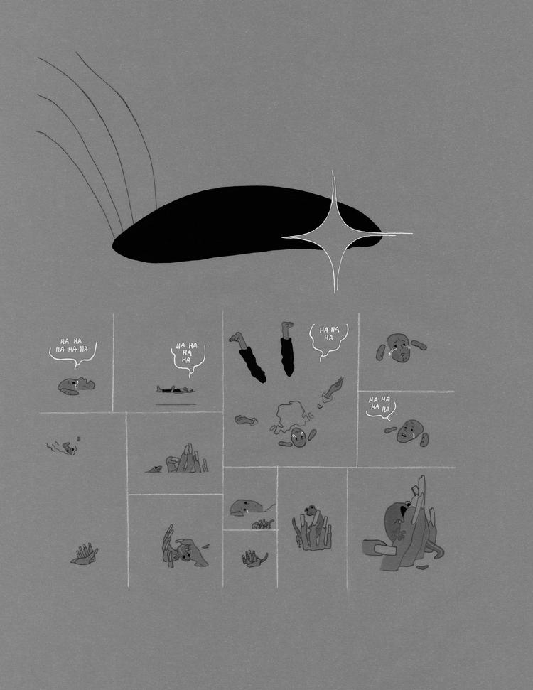 Det halvt druknede samfund i Connor Willumsens tegneserie ’Anti-Gone’, hvor man følger Spyda og Lynxa på eventyr, er hverken helt kollapset eller helt stabilt. Illustration fra bogen