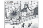 9. november 1986 blev der skrevet italiensk fodboldhistorie, da Napoli med Maradona på udebane slog Juventus med bl.a. Michel Platini og Michael  Laudrup, der scorer på billedet, på banen.   Tegning 