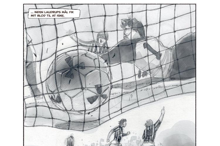 9. november 1986 blev der skrevet italiensk fodboldhistorie, da Napoli med Maradona på udebane slog Juventus med bl.a. Michel Platini og Michael  Laudrup, der scorer på billedet, på banen.   Tegning 