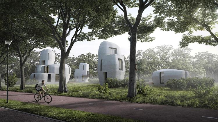 Verdens første 3D-printede huse forventes at stå klar næste år. Computerskabt illustration Houben/Van Mierlo Architecten