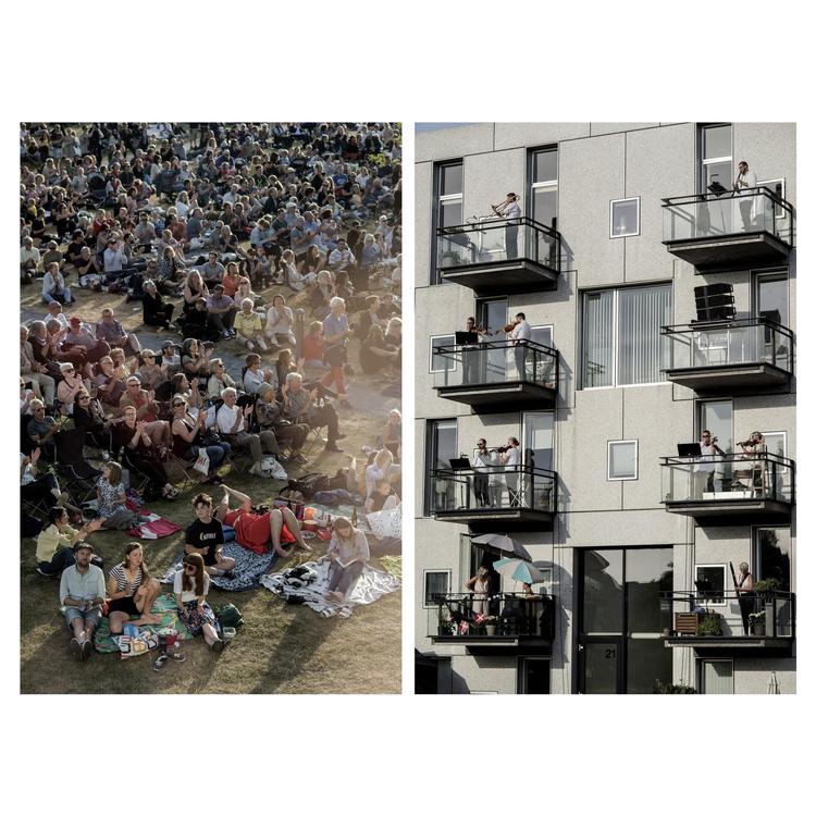 Beboerne i Emaljehaven havde sagt ja til at låne deres altaner ud til i alt 65 musikere fra Copenhagen Phil. Et udlån, der skulle vise sig at skabe rammerne om en succesfuld aften med klassisk musik, sol og rosé. Foto: Maud Lervik /POLFOTO