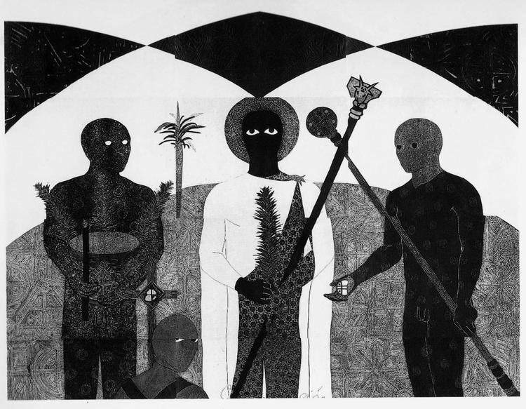 Cubanske Belkis Ayón nåede i sit korte liv både at opfinde en kollagebaseret printteknik i sorte, hvide og grå toner og at undervise på det lokale kunstakademi i Havana. Værkerne på Biennalen omhandler det afrikansk- cubanske broderskab Abakuá og deres rituelle handlinger. Foto: Belkis Ayón 