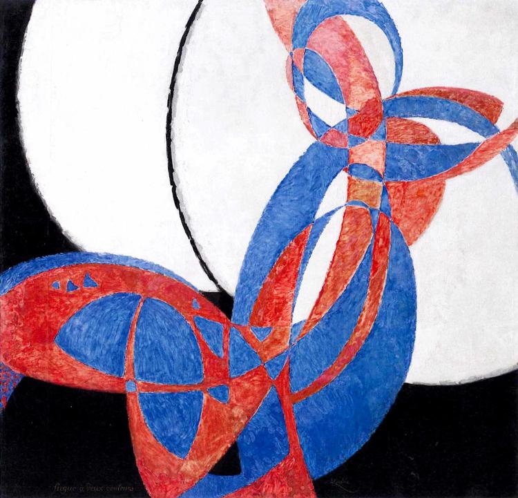 Kupka nærmede sig
 abstraktionen ved at opbygge sine billeder af geometriske figurer. Her er det en dekorativ kollision af cirkelslag, der skaber kompositionen i kunstnerens første forestillingsløse billede, ’Amorpha, fugue à deux couleurs’. Det vækkede betydelig opsigt, da det blev udstillet i Paris i 1912.

 Národní galerie v Praze