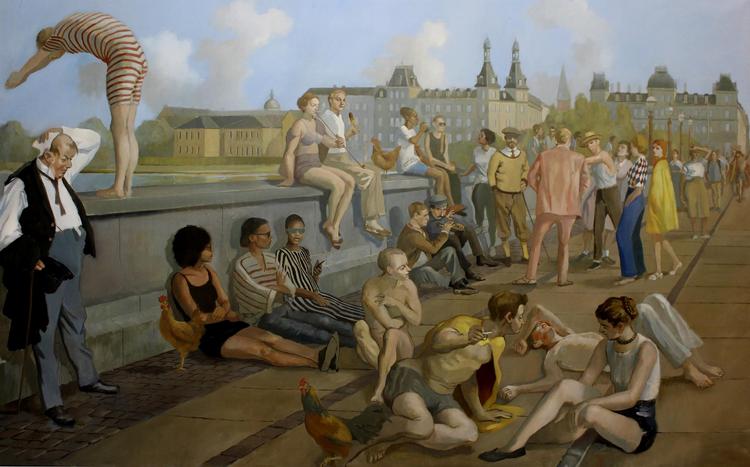 I den islandske kunstner Thrándur Thórarinssons maleri fra Dronning Louises Bro, fra 2018, mødes iagttagelse, erindring og fantasi. Broen kan en københavner nemt genkende. Men er også blevet plads til den tørstige mand fra Erik Henningsens Tuborg-plakat fra 1900. Den er citeret – spejlvendt – længst til venstre i maleriet.  PR-foto: Nordatlantens Brygge