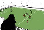 Når det kniber med action, kan man altid gå til fodbold. Det århusianske byhold er en gennemgående faktor i Holger Mikkelsens liv.  Tegning Mette Dreyer