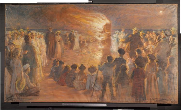 Det var et almindeligt at forberede et større maleri ved først at lave en skitse i pastel, i samme format, og normalt ville maleriet følge umiddelbart efter, men det skete ikke med Krøyers 'Sankt Hansblus på Skagen strand', som her ses i ny renoveret udgave, og det endelige maleri. Sygdom kom i vejen.  Den Hirschsprungske Samling