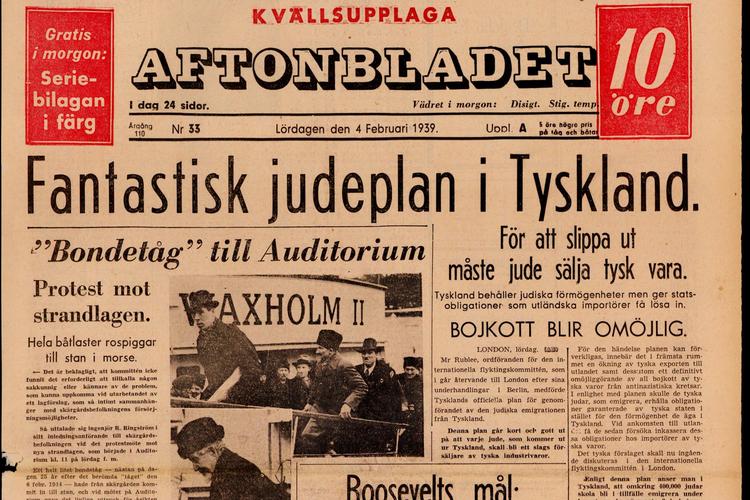 Forsiden på Aftonbladet en februardag i 1939. Tophistorien roser Tyskland for håndteringen af 'jødespørgsmålet', og i SD's kampagnefilm bliver den brugt som eksempel på socialdemokratiske nazi-sympatier. Ét problem: Avisen blev tilknyttet partiet i 1950'erne. I 1930'erne var ejeren langt fra socialdemokrat.  Illustration Aftonbladet