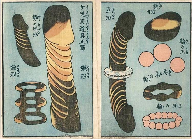 En oversigt over japansk sexlegetøj anno 1840'erne. 