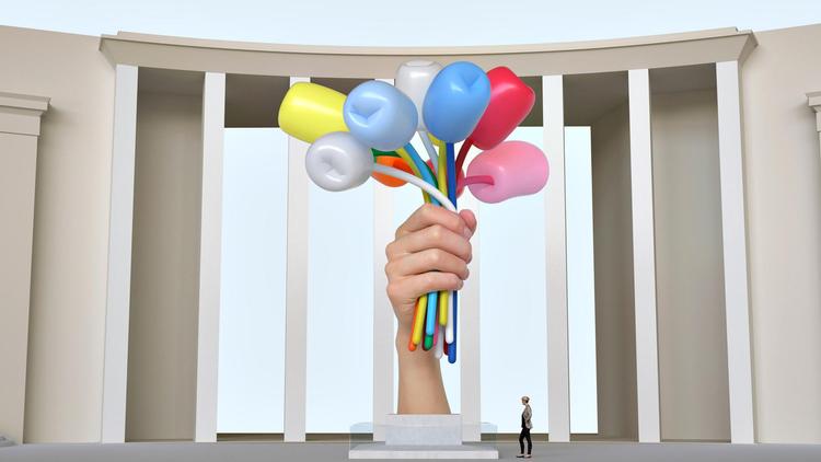  Jeff Koons’ gave til Paris bliver nu flyttet fra Palais de Tokyo på billedet til anlæg ved  Champs-Élysées, hvor de omkring 350.000 dagligt passerende kan se den 10 meter høje buket. Jeff Koons/Noirmontartproduction
