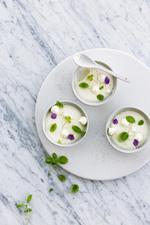 Basilikum og lime-duoen er genial og optræder her i fin og cremet forklædning – med små knasende marengskys som modspil. 