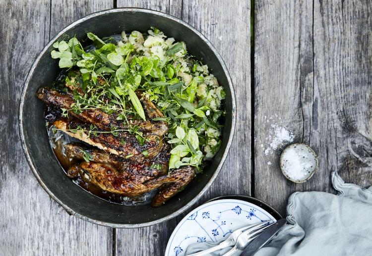 Solbær, citron og hvidløg sætter smag på kyllingen og spiller op til de grovmosede nye kartofler og godt med urter. Stine Christiansen/Skovdal Nordic