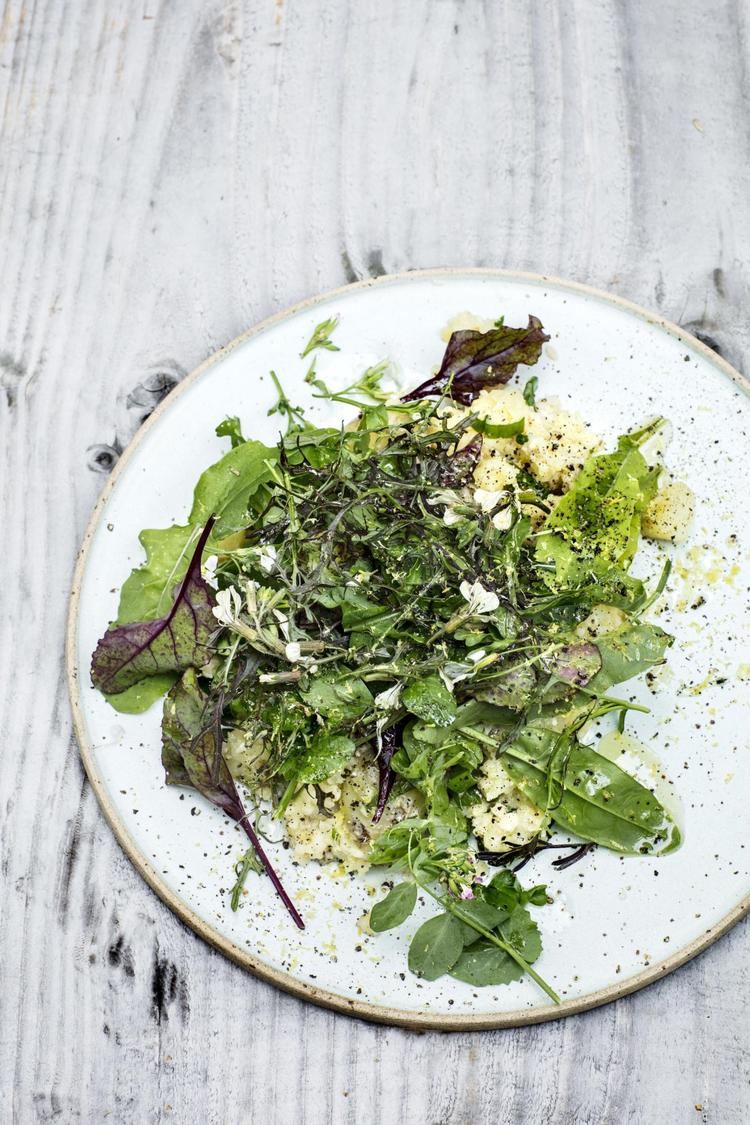 De nye kartofler moses og smages til med parmesan, inden de serveres med et stort grønt drys på toppen. 