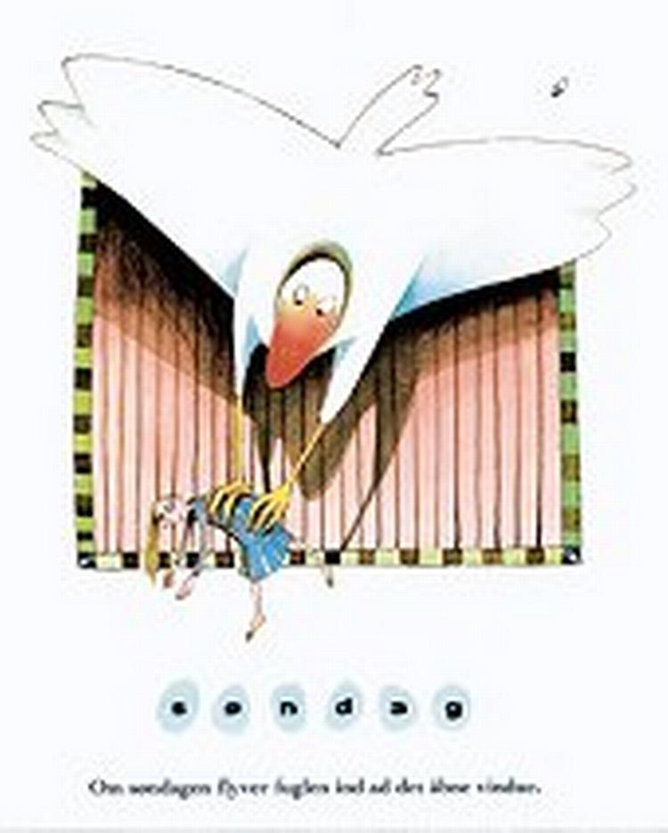 Om søndagen flyver fuglen ind ad det åbne vindue. Illustration fra bogen 
