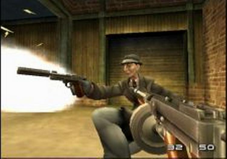 Man kommer vidt omkring i 3D-skydespillet 'TimeSplitters2', bl.a. som her til 1930'ernes Chicago. Hver tidsalder har sine helt egne våben, så her er man udstyret med Tommy Gun og haglgeværer. 