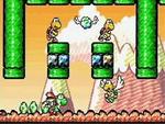 Mario er i 'Yoshi´s Story' reduceret til en birolle, da man i stedet skal styre den lille dinosaur Yoshi, nederst til venstre i billedet. 