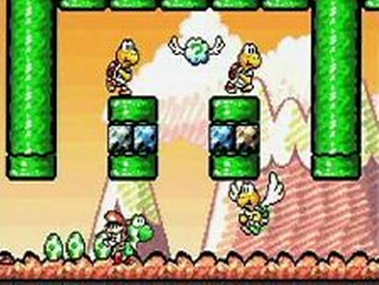 Mario er i 'Yoshi´s Story' reduceret til en birolle, da man i stedet skal styre den lille dinosaur Yoshi, nederst til venstre i billedet. 
