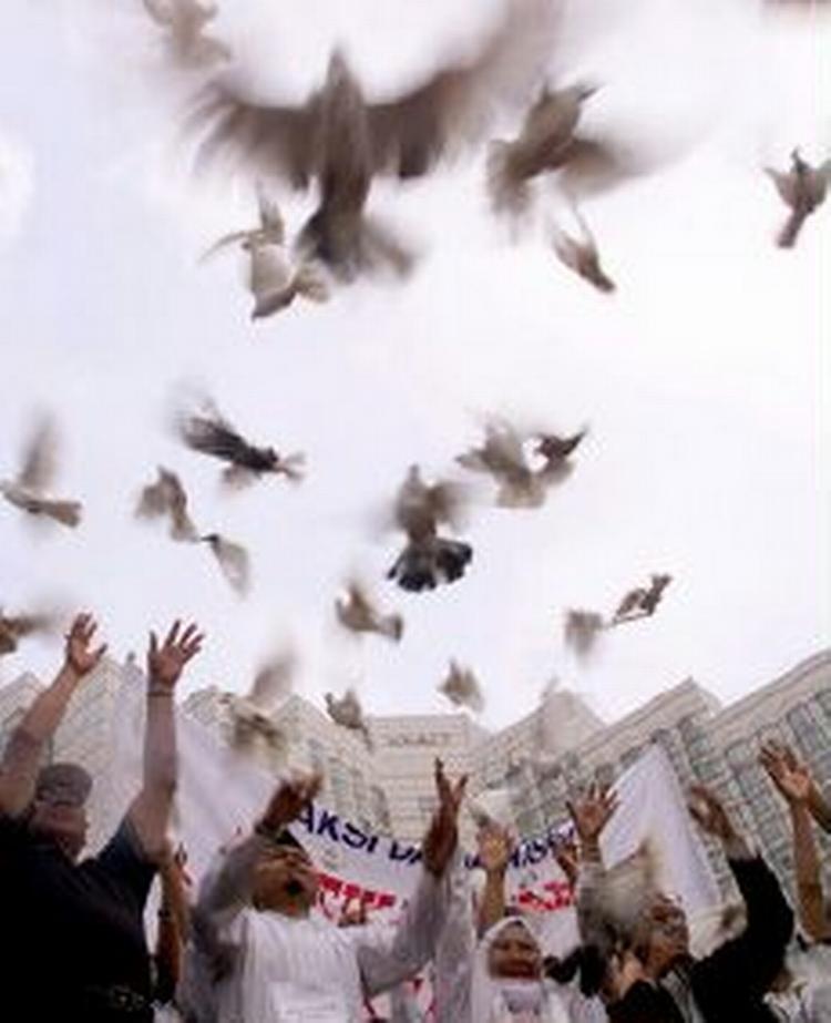 Demonstranterne løslod en masse duer i håb om at stoppe krigen i Irak. - Foto: AP 