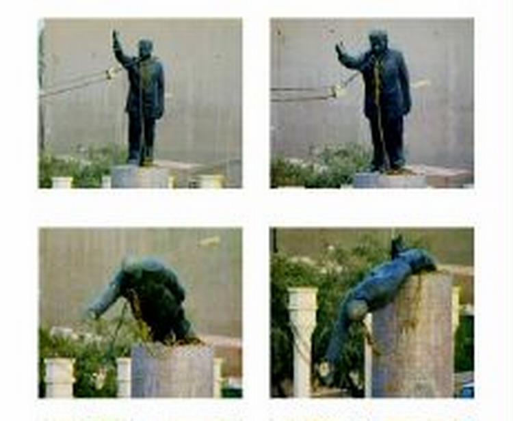 Fire billeder fra den dramatiske episode, hvor en Saddam-statue blev væltet omkuld. - Foto: AP 