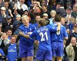 Chelsea-jubel efter islændingen Gudjonsons mål til 1-0 i kampen mod Everton. - Foto: AP 