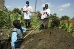 Røde Kors arbejdere er i gang med at lave grave til de lig, der er fundet i byen Bunia i Congo. - Foto: AP 