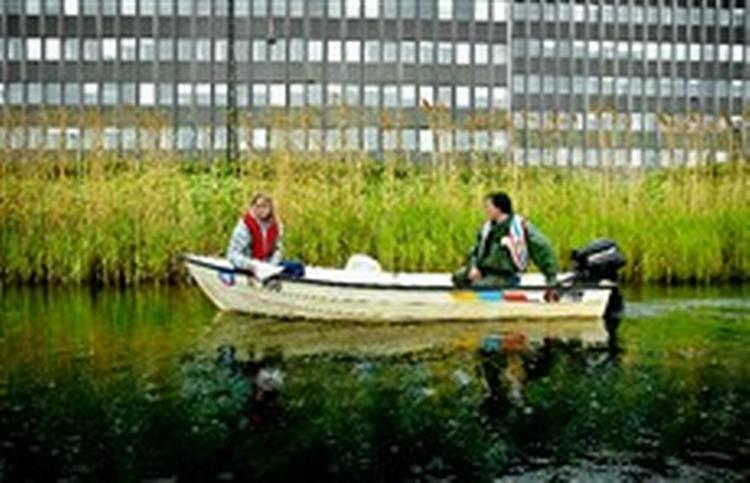 Miljøborgmester Winnie Berndtson er hoppet om bord i motorbåden for at være sikker på, at de 5.000 geddeunger kommer godt af sted, når de skal ud og jage skidtfisk i St. Jørgen Sø.   Foto: Peter Hove Olesen 
