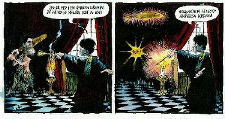 1. Jeg er med i en dannelsesroman og må vælge mellem godt og ondt. 2. Wingardium leviosa andersa kedara. Tegning: Roald Als 