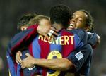 Barcelona-jubel efter Kluiverts mål til 2-1. - Foto: AP 