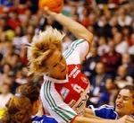 Ungarns Radulevics (rød) blev finalens topscorer med 13 scoringer. - Foto: AP 