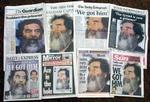 Under afhøringer har Saddam Hussein ifølge nyhedsmagasinet Time benægtet, at Irak har masseødelæggelsesvåben. Aviser verden over, her i England, har Hussein på forsiden. - Foto: AP 