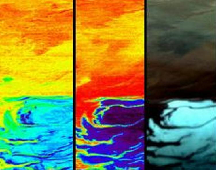 Til højre ses billedet fra Mars. Billedet i midten viser CO2 indholdet, og billedet til venstre viser forekomsten af H2O, det vi normalt kalder vand. - Screendump fra det Europæiske Rumfartsagentur 