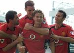 Solskjær (i midten) har været ude i fem måneder med en knæskade. - Foto: AP 